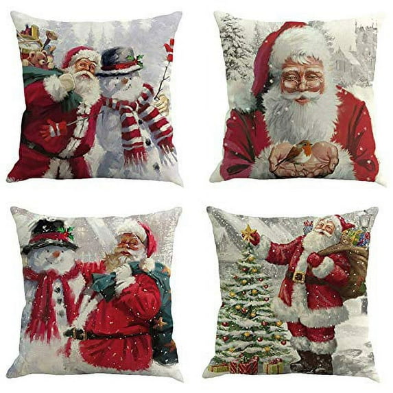 SUFAM Set of 4 Pillow Cases Christmas Series Custom Xmas Santa Tree Snowman Winter Throw Pillowcase Cover Cushion Case Home Decor 18x18 inch