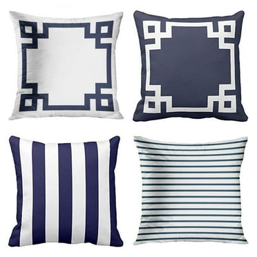 SUFAM Set of 4 Pillow Cases Cute Preppy Navy Blue and White Greek Key Girly Striped Throw Pillowcase Cover Cushion Case Home Decor 16x16 inch