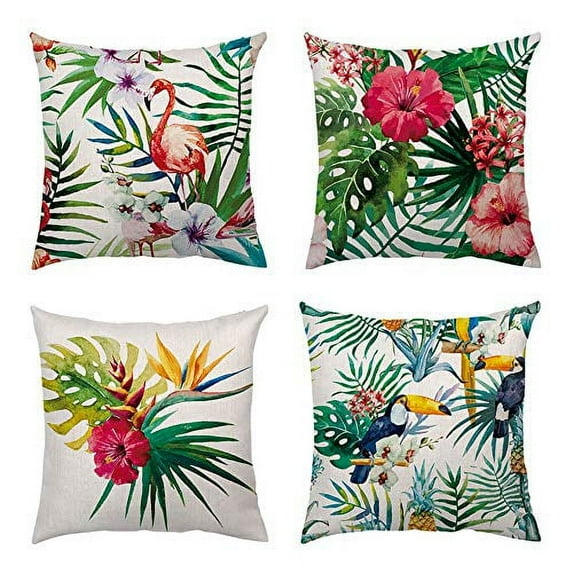 SUFAM Set of 4 Pillow Cases Flower Leaves Flamingos Tropical Plants Summer Throw Pillowcase Cover Cushion Case Home Decor 16x16 inch