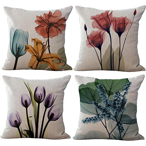 SUFAM Set of 4 Pillow Cases Flowers Pattern Ink Lotus Tulip Retro Throw Pillowcase Cover Cushion Case Home Decor 16x16 inch