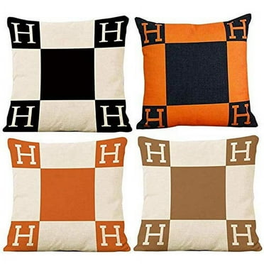 SUFAM Set of 4 Pillow Cases H Letter Classical Lattice Blend Orange Black and White Throw Pillowcase Cover Cushion Case Home Decor 18x18 inch
