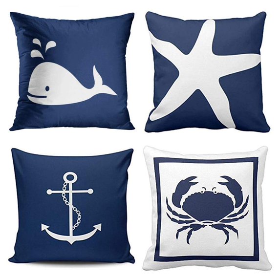 SUFAM Set of 4 Pillow Cases Nautical Navy Blue and White Whale Anchor One Side Teal Throw Pillowcase Cover Cushion Case Home Decor 20x20 inch