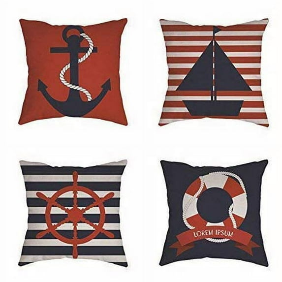 SUFAM Set of 4 Pillow Cases Nautical Red Black Anchor Sailboat Navigation Throw Pillowcase Cover Cushion Case Home Decor 20x20 inch