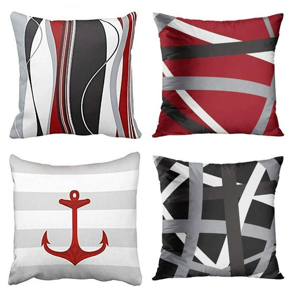 SUFAM Set of 4 Pillow Cases Stripes Red Black White Grey Bold Gray Wavy Vertical Throw Pillowcase Cover Cushion Case Home Decor 20x20 inch