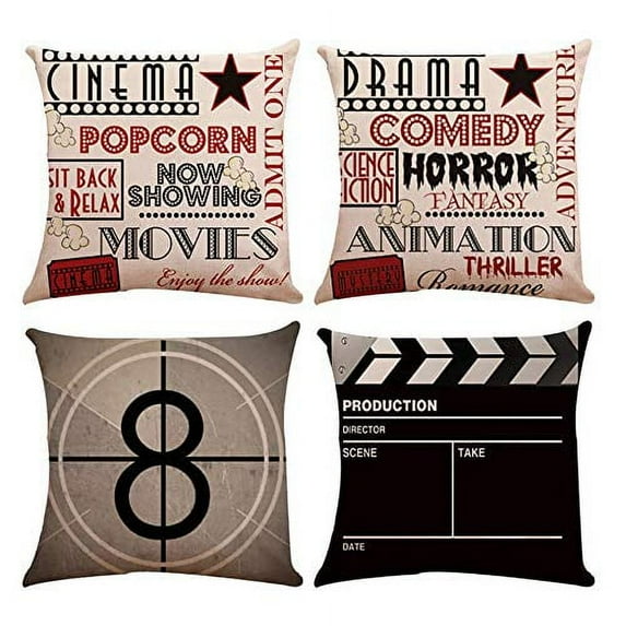 SUFAM Set of 4 Pillow Cases Theater Cinema Retro Classic Drama Movie Throw Pillowcase Cover Cushion Case Home Decor 20x20 inch