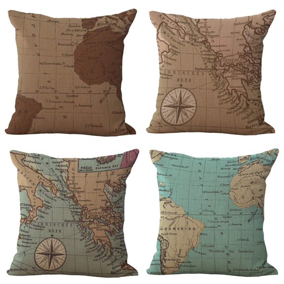 SUFAM Set of 4 Pillow Cases Vintage Old World Map Pattern Navigation Compass Throw Pillowcase Cover Cushion Case Home Decor 18x18 inch