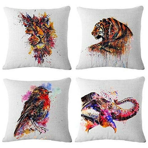 SUFAM Set of 4 Pillow Cases Watercolor Animal Canvas Modern Tiger Lion Owl Throw Pillowcase Cover Cushion Case Home Decor 20x20 inch