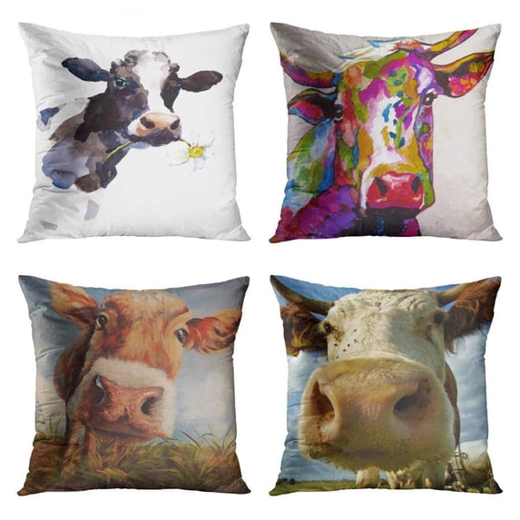 SUFAM Set of 4 Pillow Cases Watercolor Cow a Daisy Flower Its Mouth Farm Animal Portrait Throw Pillowcase Cover Cushion Case Home Decor 16x16 inch