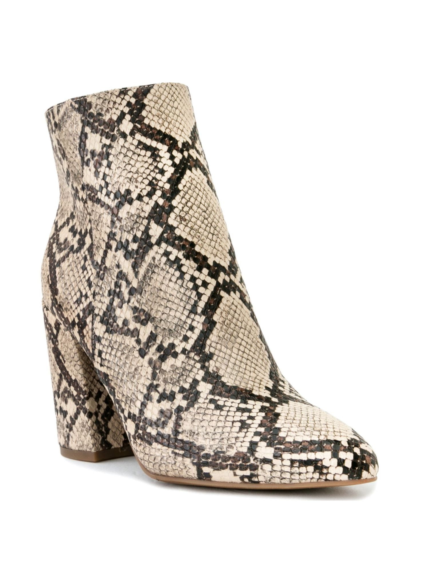 SUN STONE Womens Beige Animal Print Pointed Toe Block Heel Zip-Up Booties M