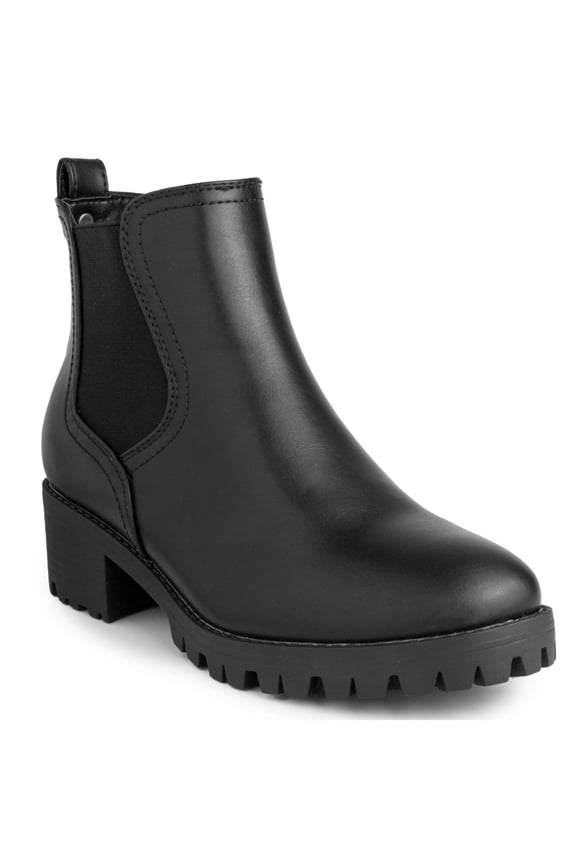Womens Black Chelsea Boot Cushioned Back Pull Tab Lug Sole Stretch Kelce Round Toe Block Heel Slip On Booties 9 M