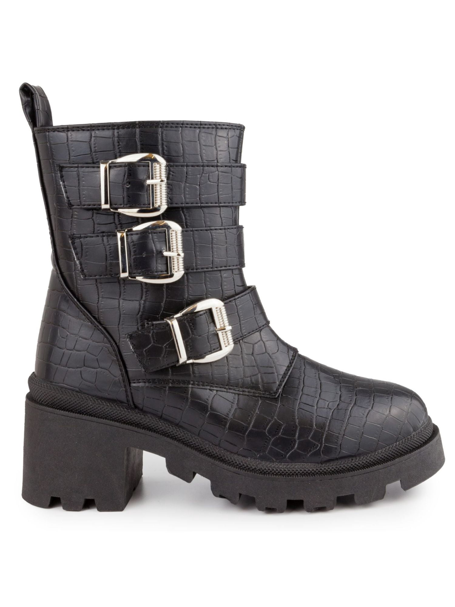 SUGAR Womens Black Croc Embossed Moto Boot Buckle Accent Filo Round Toe ...
