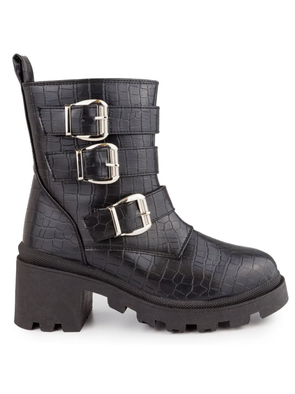 Womens Black Croc Embossed Moto Boot Buckle Accent Filo Round Toe Block Heel Zip-Up Combat Boots 8.5 M