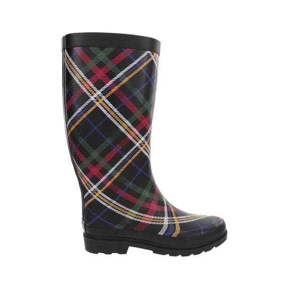 SUGAR Womens Black Plaid 1/2" Platform Raffle Round Toe Block Heel Rain Boots 10 M