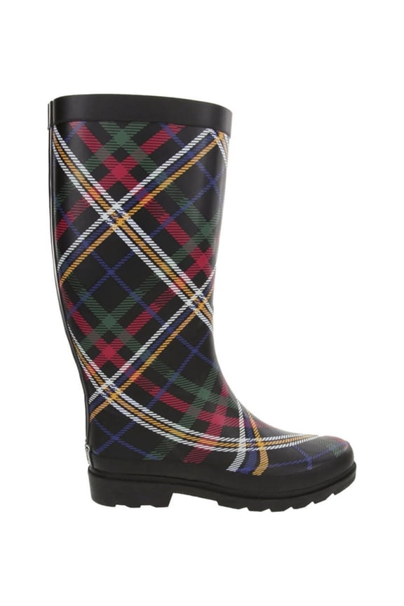 Womens Black Plaid 1/2" Platform Raffle Round Toe Block Heel Rain Boots 10 M