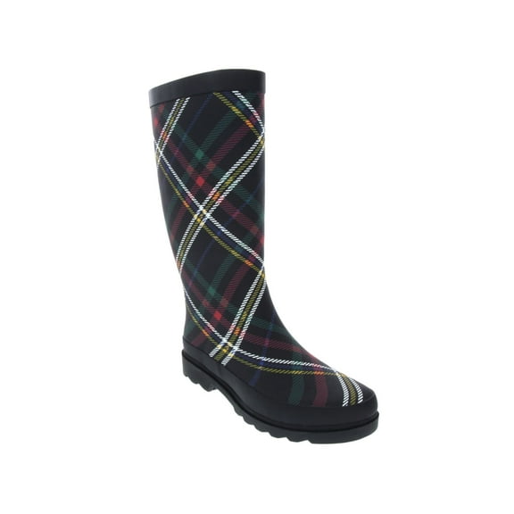 SUGAR Womens Black Plaid 1/2" Platform Raffle Round Toe Block Heel Rain Boots 8