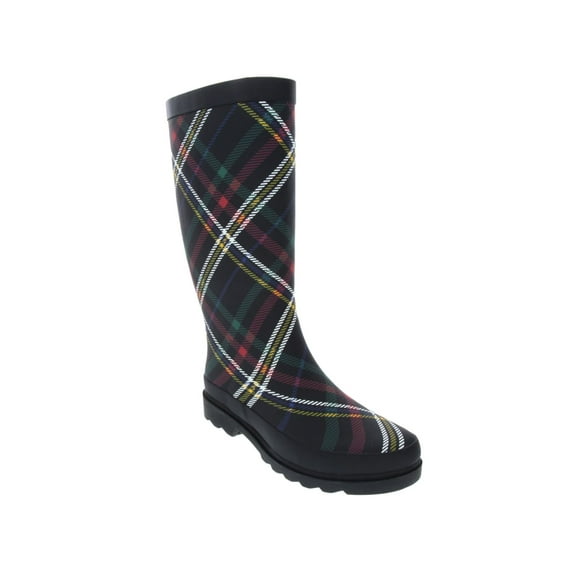 SUGAR Womens Black Plaid 1/2" Platform Raffle Round Toe Block Heel Rain Boots 8