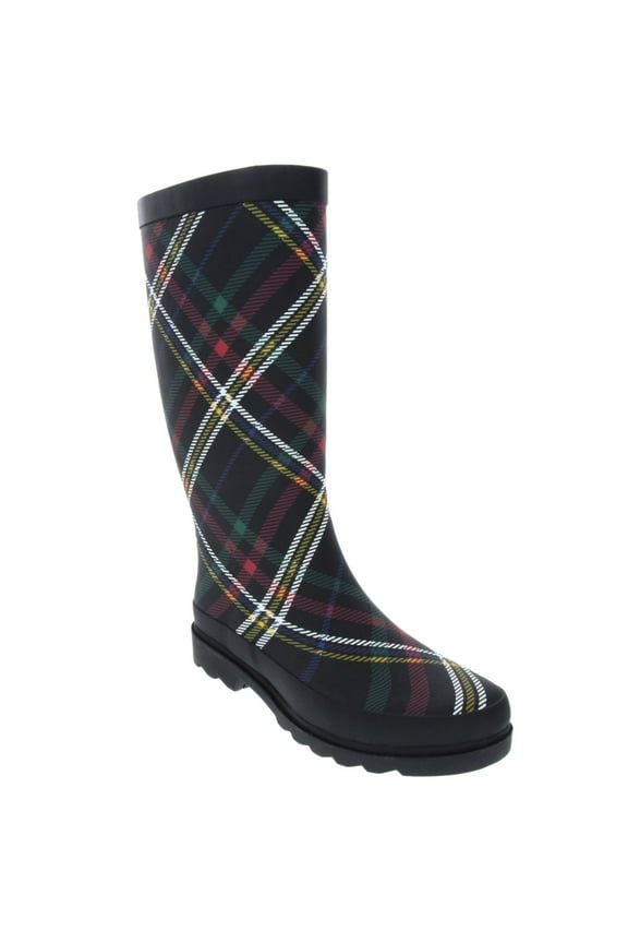 Womens Black Plaid 1/2" Platform Raffle Round Toe Block Heel Rain Boots 8
