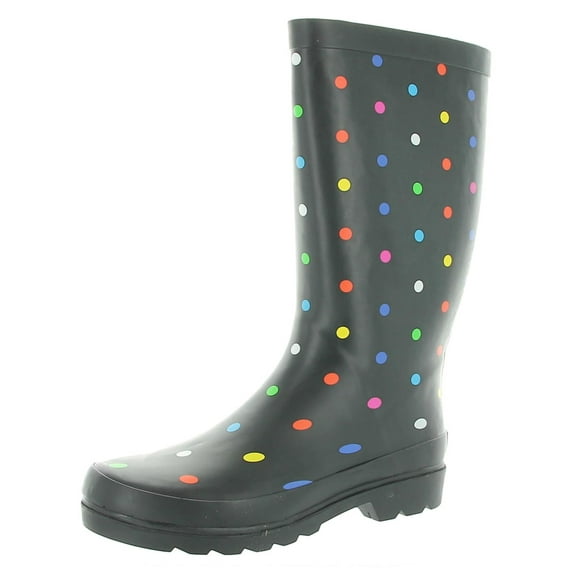 SUGAR Womens Black Polka Dot 1/2" Platform Raffle Round Toe Block Heel Rain Boots 9 M