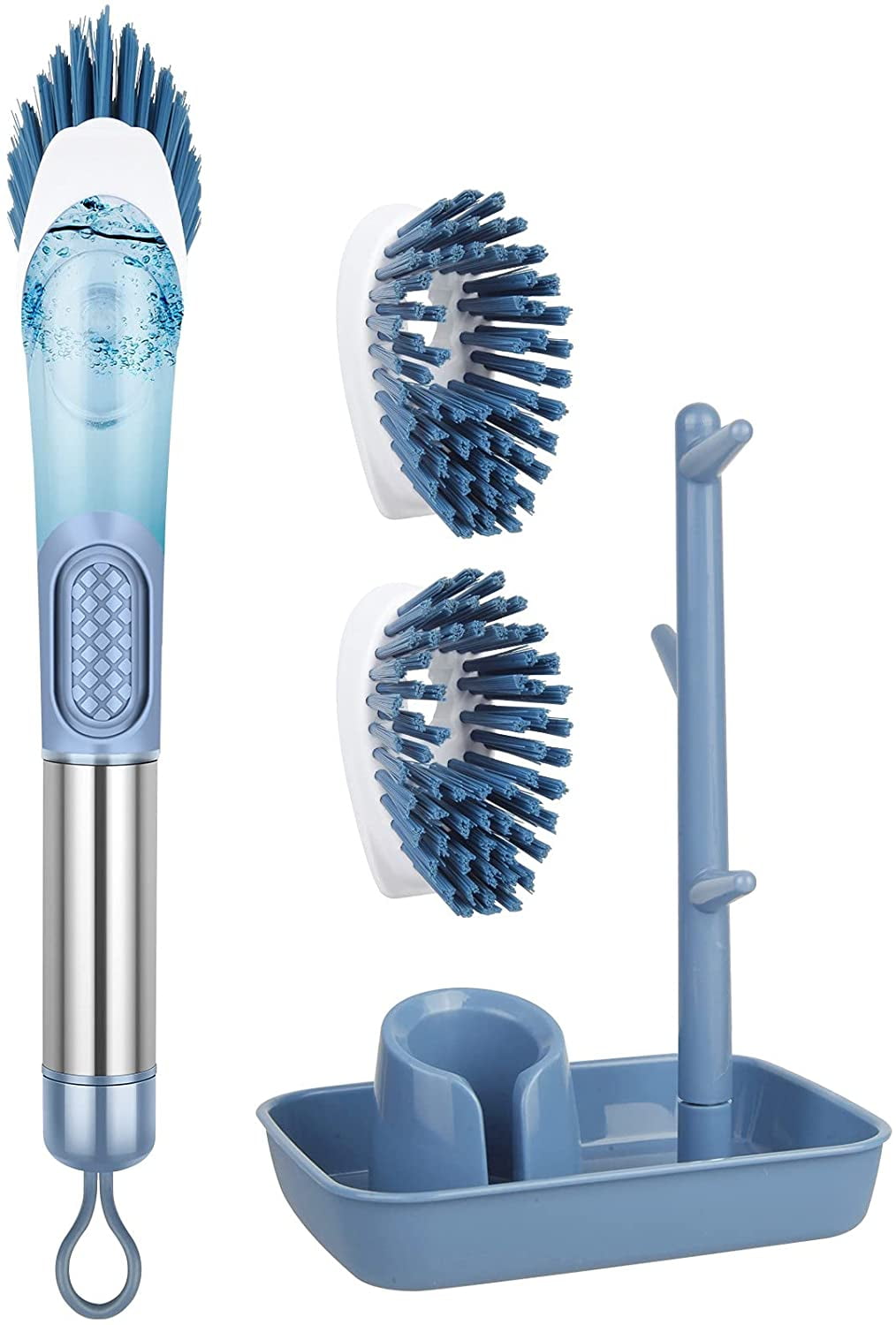 SUGARDAY Dish Brush with Soap Dispenser Kitchen Scrub Brush with 3 Brush  Replacement Heads for Pot Pan Sink Cleaning 