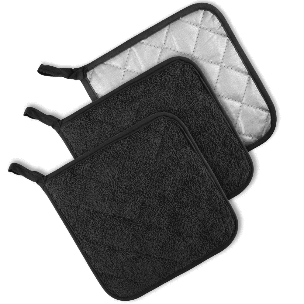 Lavish Home 69-12-B Quilted & Heat Resistant Pot Holder Set with Silicone Grip, Black - Set of 2