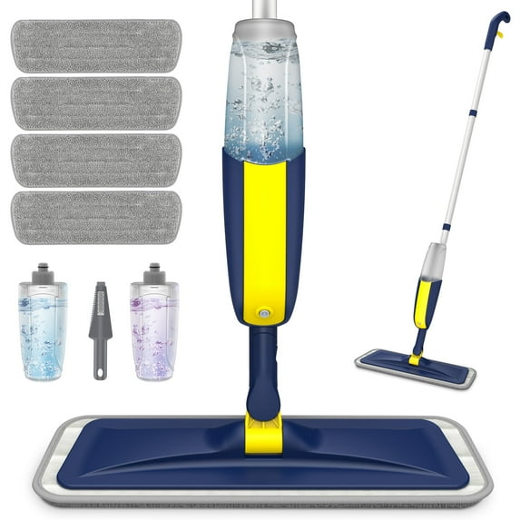 SUGARDAY Microfiber Spray Mops for Floor Cleaning with 4 Washable Pads 2 Refillable Bottle Dark Blue
