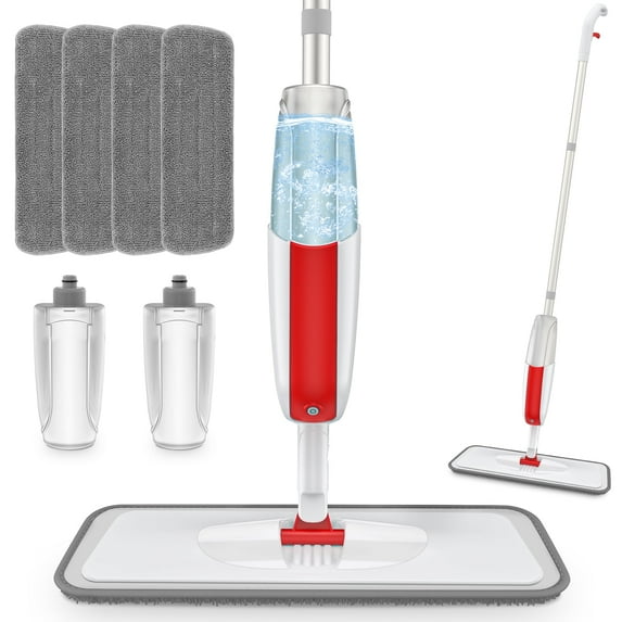SUGARDAY Microfiber Spray Mops for Floor Cleaning with 4 Washable Pads 2 Refillable Bottle White