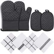 SUGARDAY Oven Mitts Kitchen Towels Dishcloths with Pot Holders Sets 8PCS, Dish Towels Sets Oven Gloves Pot Pads for Kitchen Heat Resistant with Non-Slip Silicone Surface for Baking Cooking Black