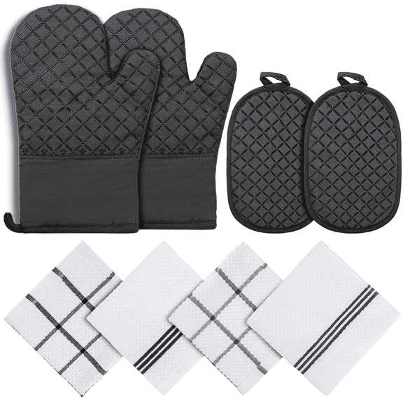 SUGARDAY Oven Mitts Kitchen Towels Dishcloths with Pot Holders Sets 8PCS, Dish Towels Sets Oven Gloves Pot Pads for Kitchen Heat Resistant with Non-Slip Silicone Surface for Baking Cooking Black