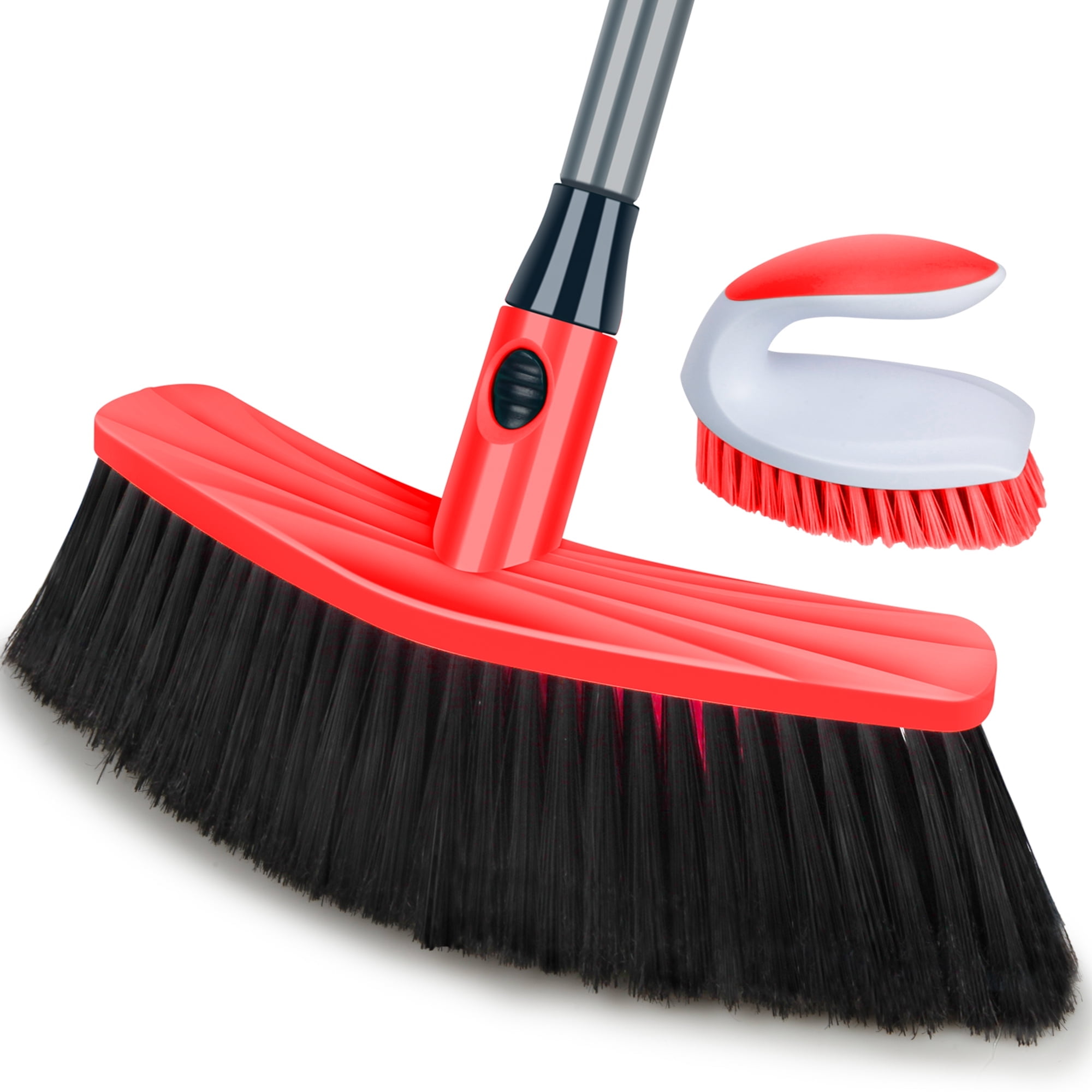 SUGARDAY Push Broom Indoor Outdoor Scrub Brush Set 47'' Adjustable Long Handle Plastic, Red