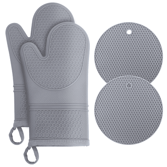 SUGARDAY Silicone Oven Mitts and Pot Holder Sets Hot Pads for Kitchen Oven Gloves Heat Resistant, Pack of 4(Grey)