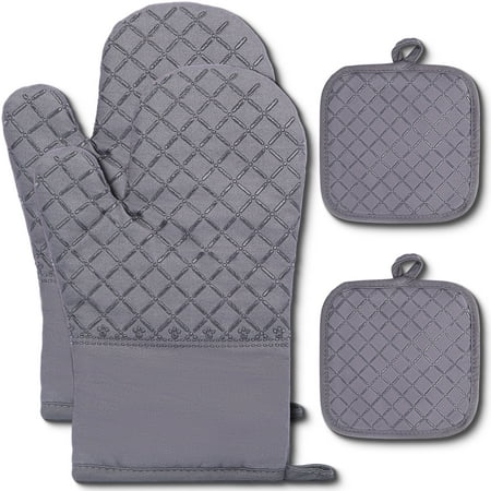 SUGARDAY Silicone Pot Holders Heat-Resistant Oven Mitts Hot Pads for Kitchen Baking Cooking Non-Slip Gloves Grey 4pcs
