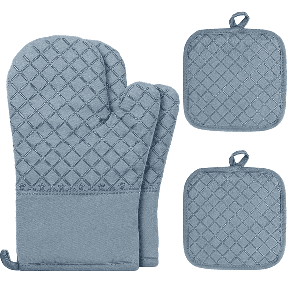 SUGARDAY Silicone Pot Holders and Oven Mitts Sets Kitchen Gloves Heat-Resistant Non-Slip for Baking Cooking Blue 4pcs