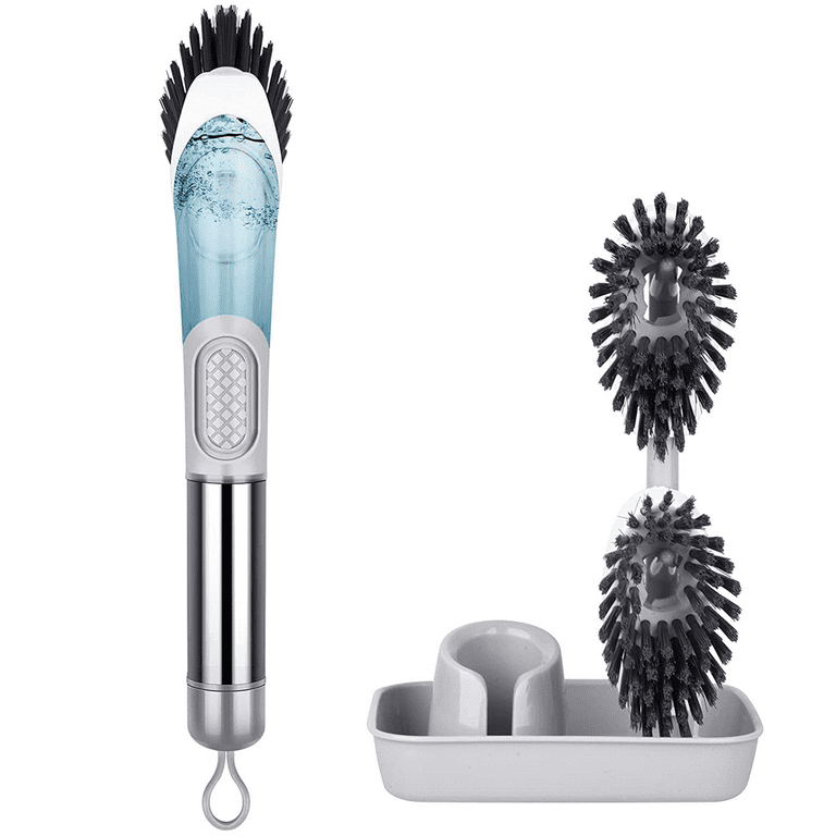 SUGARDAY Dish Brush with Soap Dispenser Kitchen Scrub Brush with 3 Brush  Replacement Heads for Pot Pan Sink Cleaning 