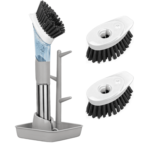 SUGARDAY Soap Dispensing Dish Brush Set Kitchen Scrub Brush with Stand 3 Brush Replacement Heads