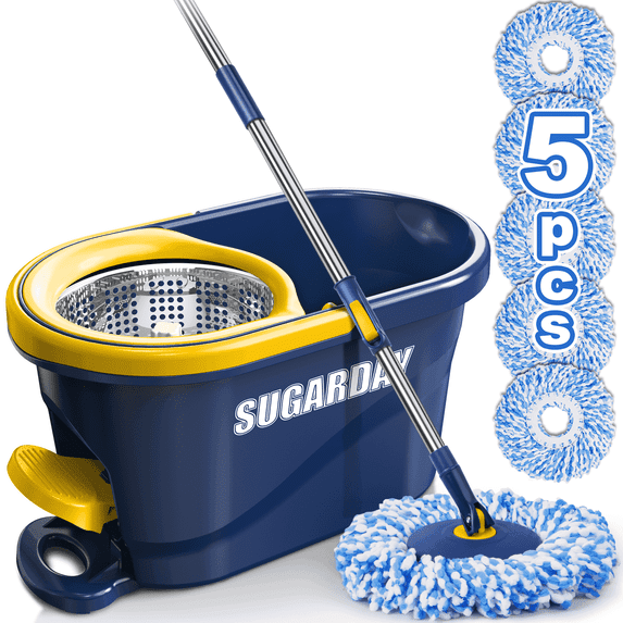 SUGARDAY Spin Mop and Bucket System with Wringer Set for Floors Cleaning,Yellow