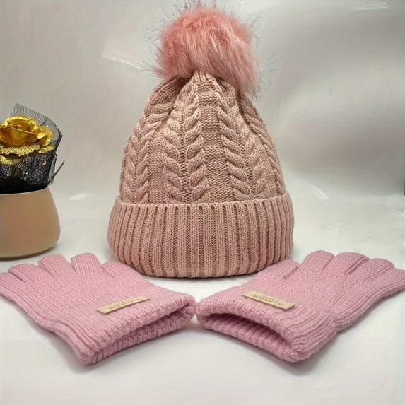 SUGARMOM 1set Cozy Winter Women‘S Knit Beanie and Gloves Set with Faux Fur Pom Cotton Blend Elastic Band Ear Flaps - Hand Washable