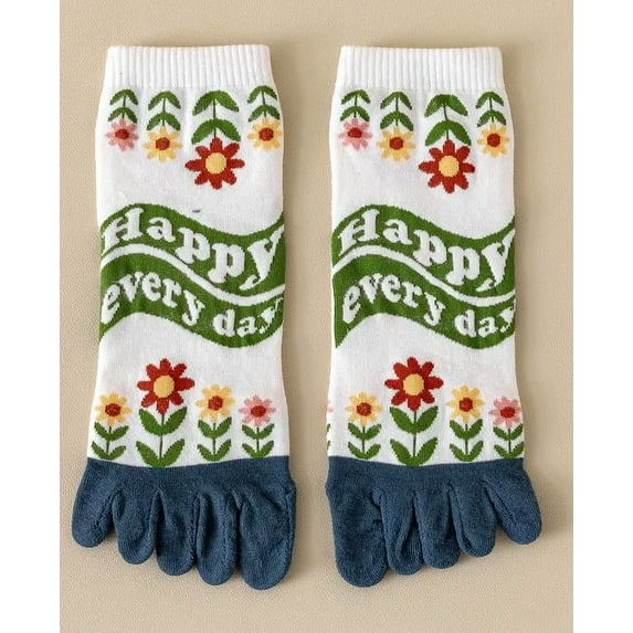 SUGARMOM 5 Pairs Cartoon Cute Women Toe Socks with Separate Fingers Cotton Mid Tube Five Finger Socks Sports Yoga Spring Summer