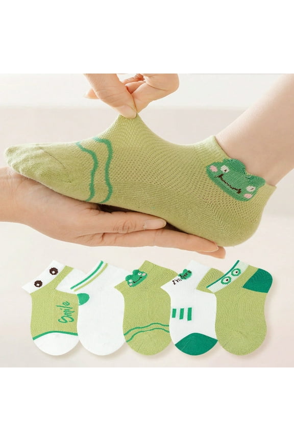 5 Pairs/Set Boys‘ Green Cartoon Animal Funny Frog Short Socks Breathable And Comfortable Suitable For Daily Wear Sports And Barefoot Perfect For Back-To-School Season