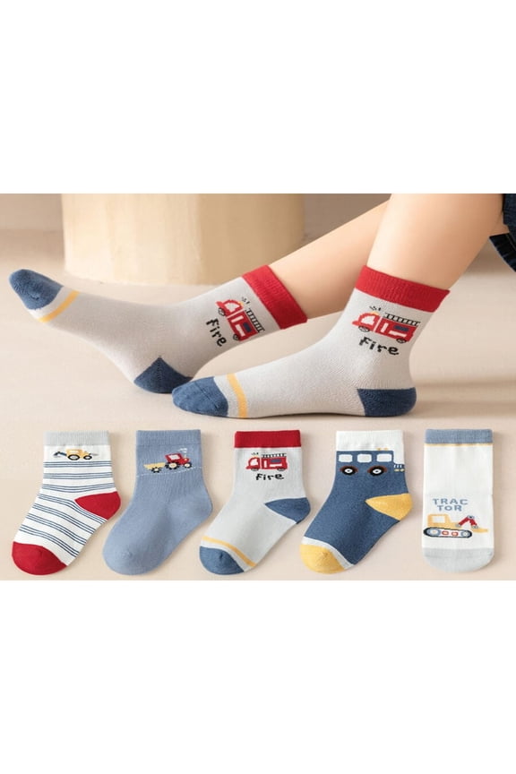 5pairs Kids‘ Construction Vehicle Design Cartoon Socks For Boys  Fashionable Daily Wear