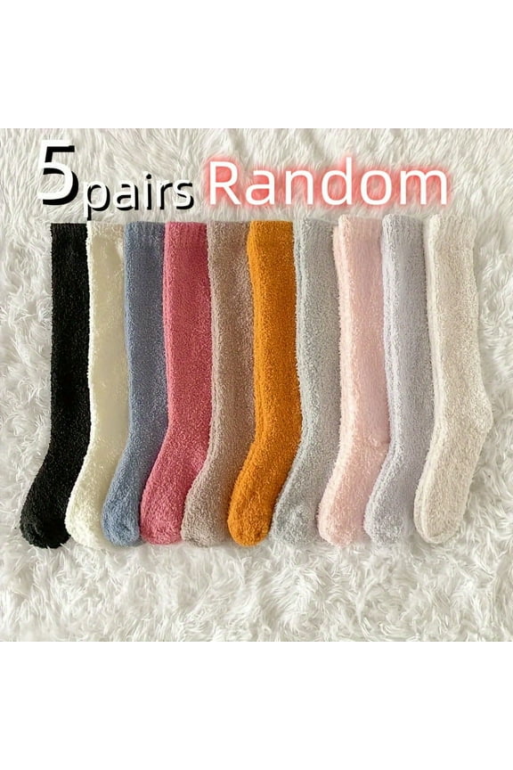 5pcs Women‘s Cozy Fleece-Lined Calf Socks - Warm  Thick Winter Knee-High Stockings in Assorted Colors