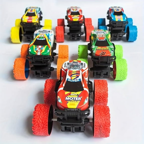 SUGARMOM 6PCS Inertia Off-Road Monster Truck Toy Set 360 Degree Rotating Action Vehicles Manual Pullback Weather-Resistant Plastic No Battery Needed Ideal for Kids 3-8 Years Perfect