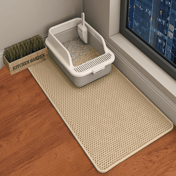SUGARMOM Cat Litter Mat 45”x26” Extra Large&Long Double Layer Cat Litter Box Mat EVA Non-Slip Waterproof Urine Proof Cat Litter Catcher Mat Easy Clean Scatter Control (45”x26” Khaki)