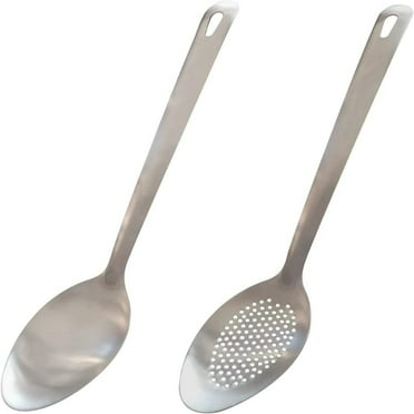 SUGARMOM  Cooking Spoon Set  2Pcs 10” Stainless Steel Large Serving Spoons  Solid Spoon & Slotted Spoon for Restaurant  Large Metal Tablespoon  Basting Spoon Perforated Spoon Metal Kitche