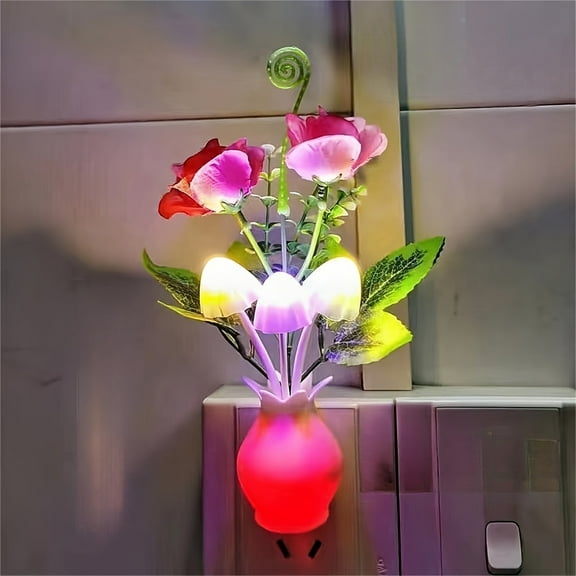 SUGARMOM LED Night Light Color Changing Sensor Lamp - Decorative Plastic Flower Vase Design Multicolor Bedside Light with Power Supply Energy Saving Room Accent Lighting US Plug Fits