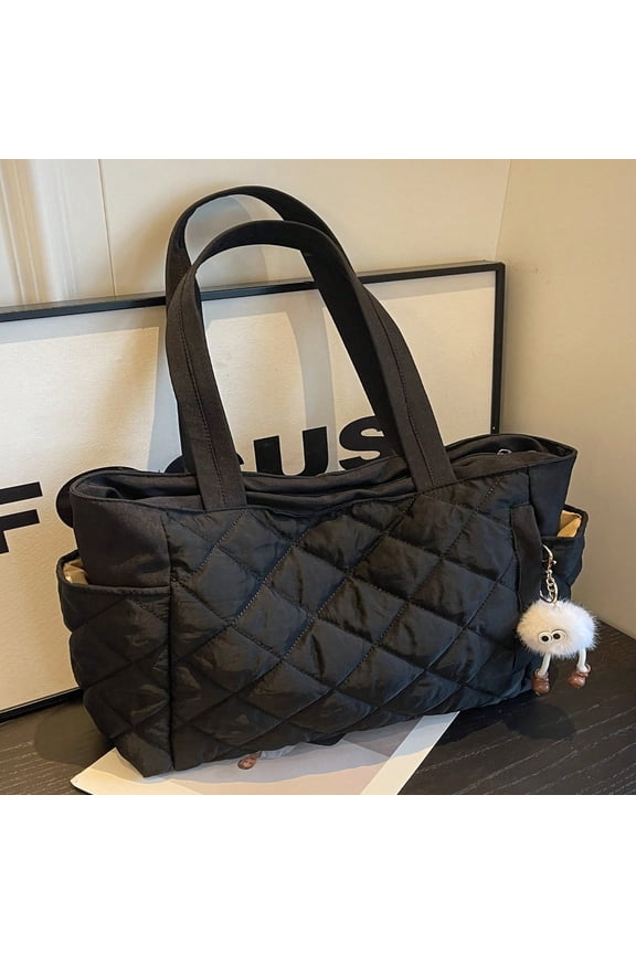 Leisure Simple Solid Color Diamond Lattice Stitching Multiple Pockets Womens Tote Bag With Pendant