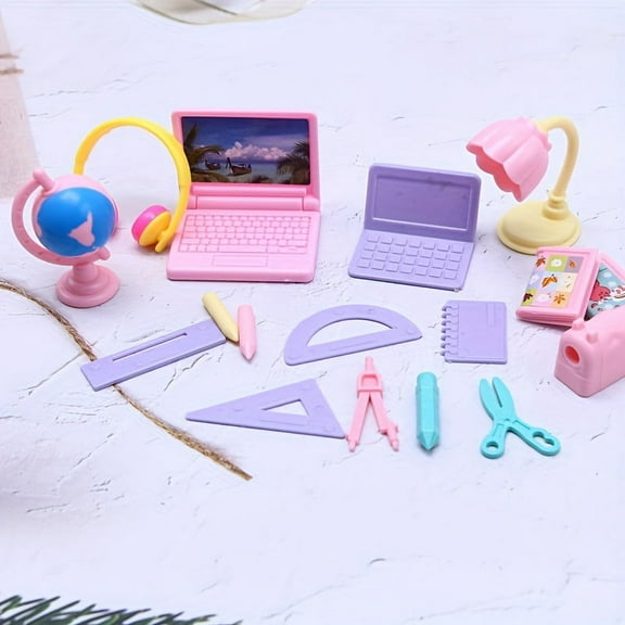 SUGARMOM Pink Miniature School Supplies for BJD Dolls - Includes Plastic Desk Accessories and a Laptop