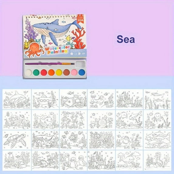 SUGARMOM Travel-Friendly Watercolor Paint-by-Numbers Kit for Youngsters - 24 Sheets with Brushes Cartoon-Themed Art Set Perfect for Birthday & Christmas Gifts