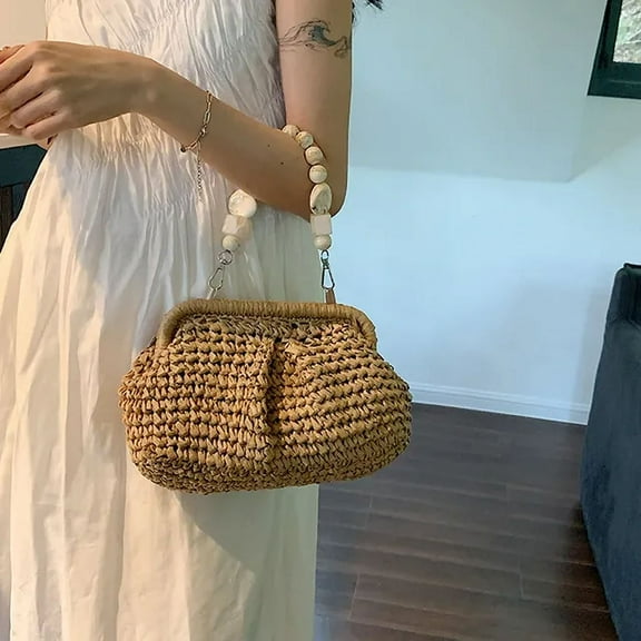 SUGARMOM Women Straw Crossbody Bag Clutch Purse Weaving Shoulder Bag Versatile Small Beading Handbag Rattan Boho Summer Beach Woven Bag