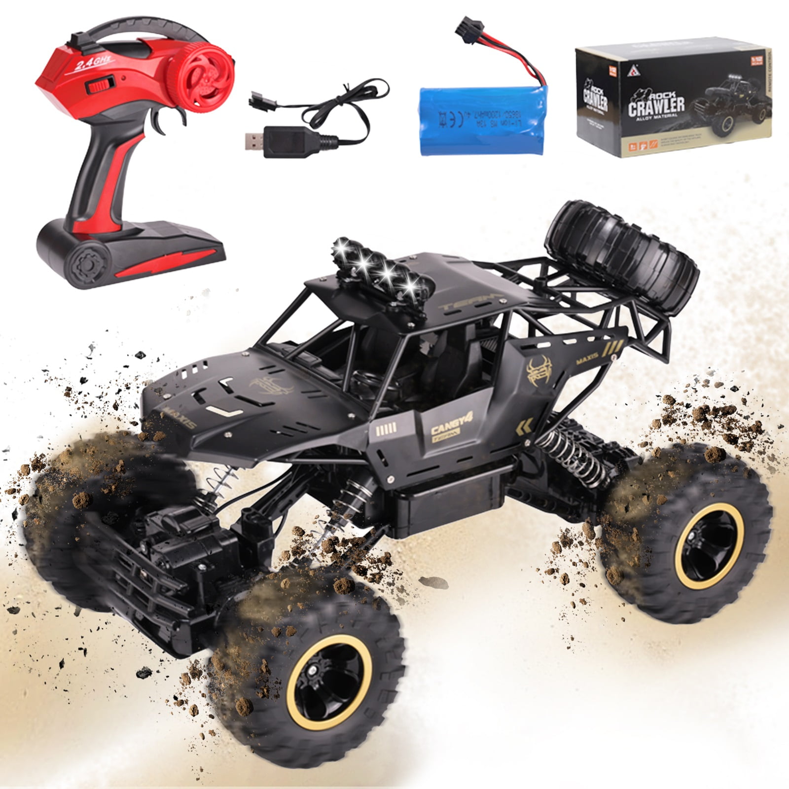 SUGIFT 1:12 Rc Car Off Road Truck Remote Control Car Metal Shell 2.4G 4WD Dual Motors, with 2 Batteries Black