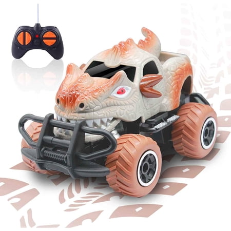 SUGIFT 1/43 Scale 27MHz Toy Dinosaur RC Cars, 9mph Max Speed, 2022 Monster Truck for Toddlers Birthday Gifts (Brown)